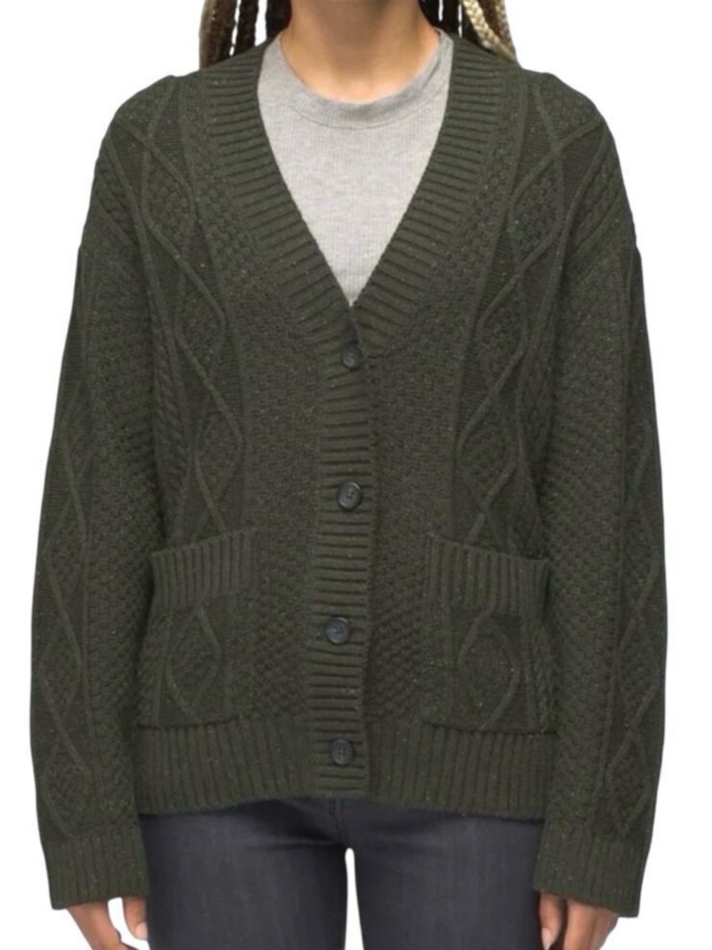 Prana Sangria Fields Cable Knit Button Cardigan Green Confetti Wool Blend-Medium